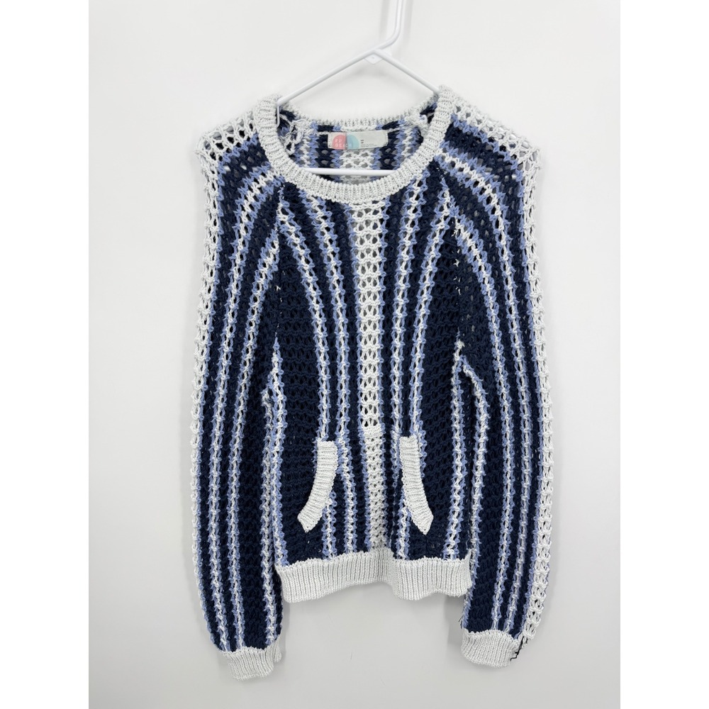 Free People FP Beach Dayton Crochet Sweater sz XS Blue White‎ Striped Open Knit